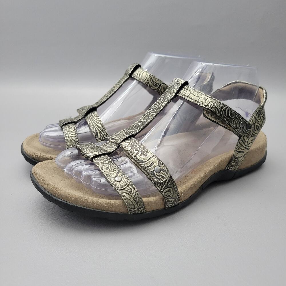 Taos Sandals Size 7 Trophy 2 Pewter T Strap Slingback Leather Strappy Comfort
